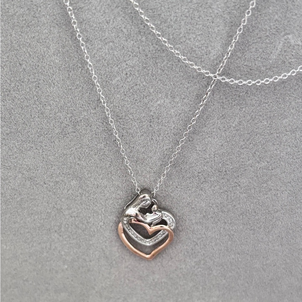 Sterling Silver/14K Gold Mother / Child Double Heart Pendant Necklace‎ Like New